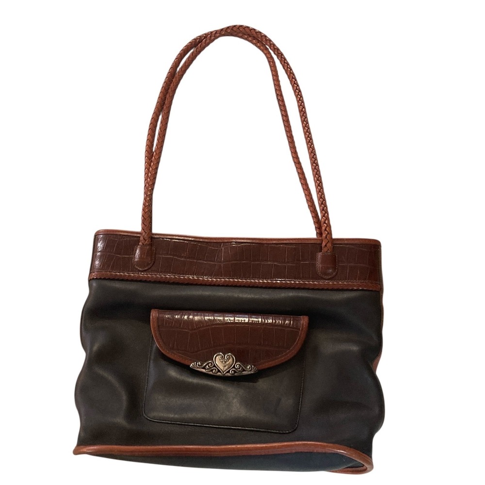 Brighton Black Leather Tote Bag Purse Silver Heart Accents Brown Crocodile Trim